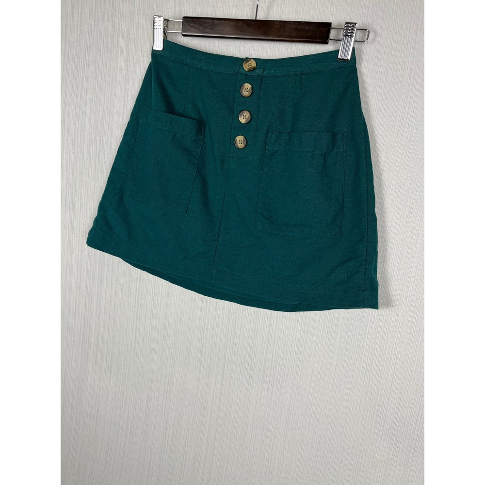 American‎ Eagle Mini Skirt Women XS Green Cotton Linen Button Front Academia